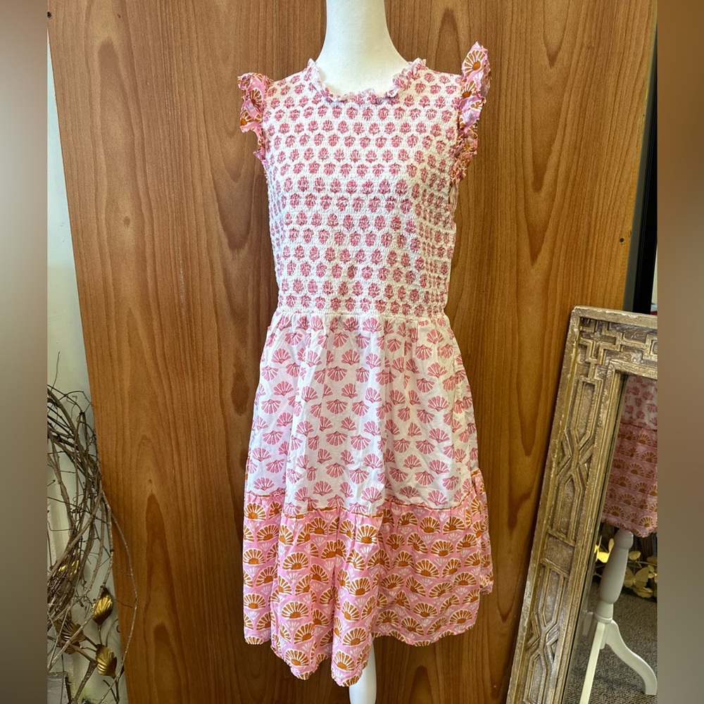 SOLD - J. Crew White Pink Seashell Print Dress Re-Imagined 100% Cotton L Large